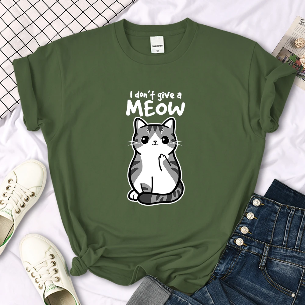 I don't Give A Meow Funny Cat Cartoon Animal Print T-shirts Ladys Oversize Comfortable Kawaii Top Womens Soft Skin-friendly Tees