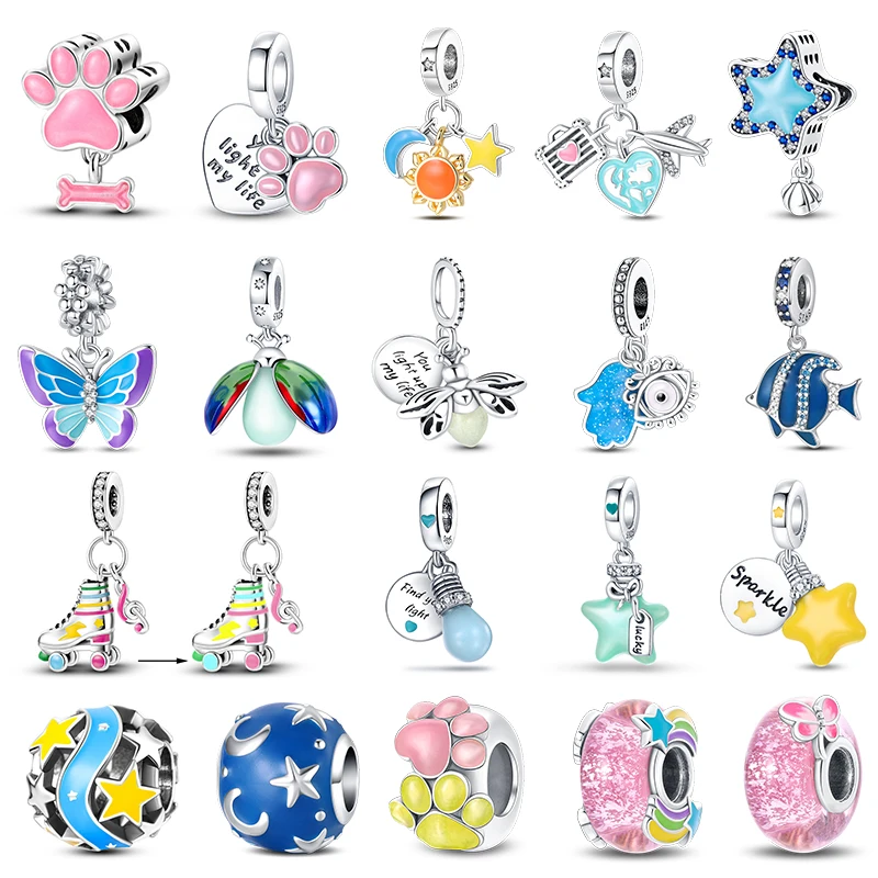 

Real 925 Sterling Silver Glow In Star Star Moon Firefly Cat Paw Charms Beads Fit Pandora Original Bracelet DIY Jewelry Pendant
