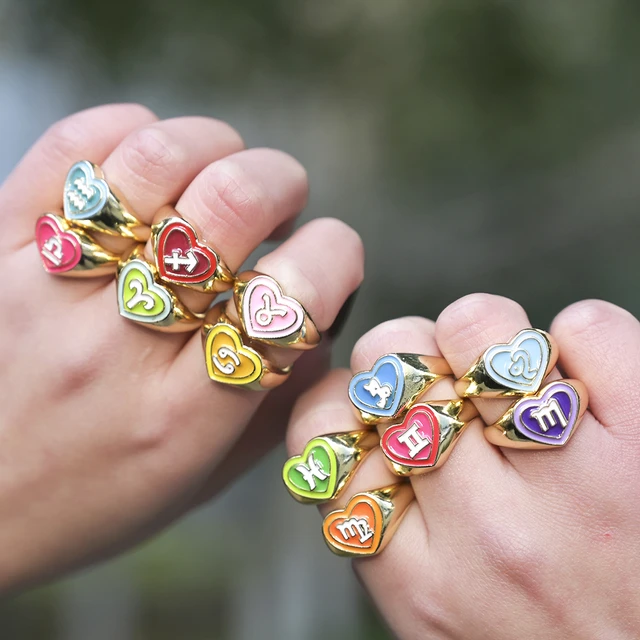 Constellations 12 Zodiac Signs Rings Candy Colors Dripping Oil Enamel  Copper Gold Heart Rings For Women Men Fashion Jewelry - Rings - AliExpress
