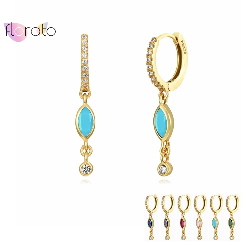 

925 Sterling Silver Needle Diamond Turquoise Pendant Hoop Earrings For Women European and American Temperament Jewelry Earrings