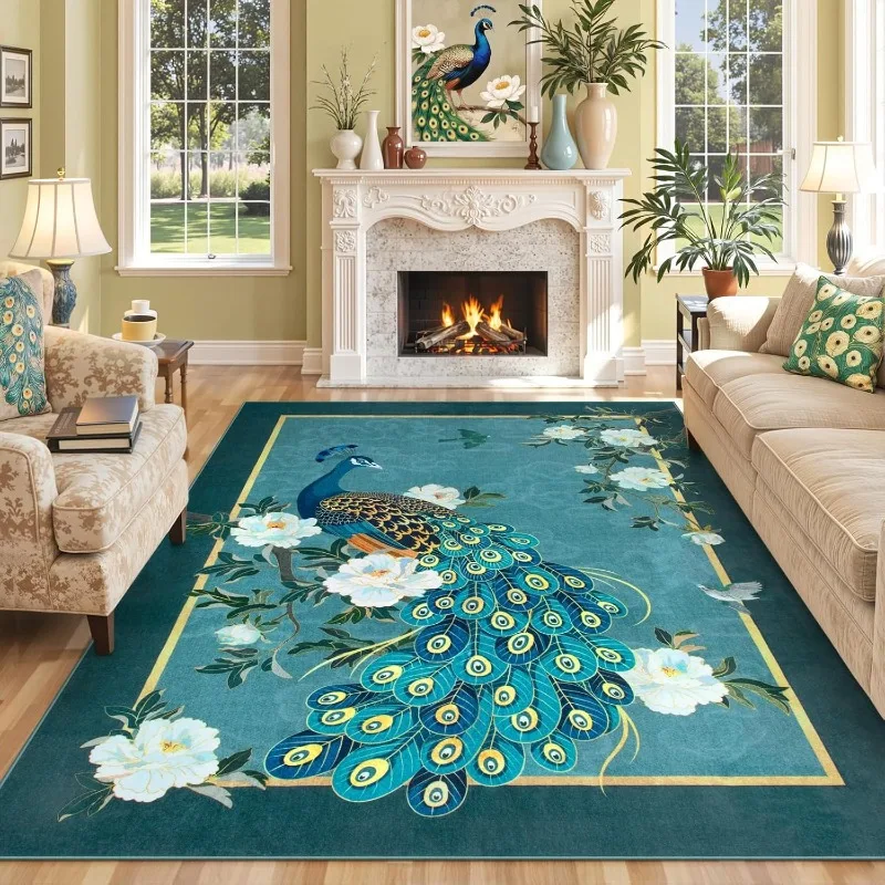 New Chinese Living Room Carpet Peacock Luxury Bedroom Plush Rugs Foldable Machine Washable Non-slip Sofa Coffee Table Mats Tapis