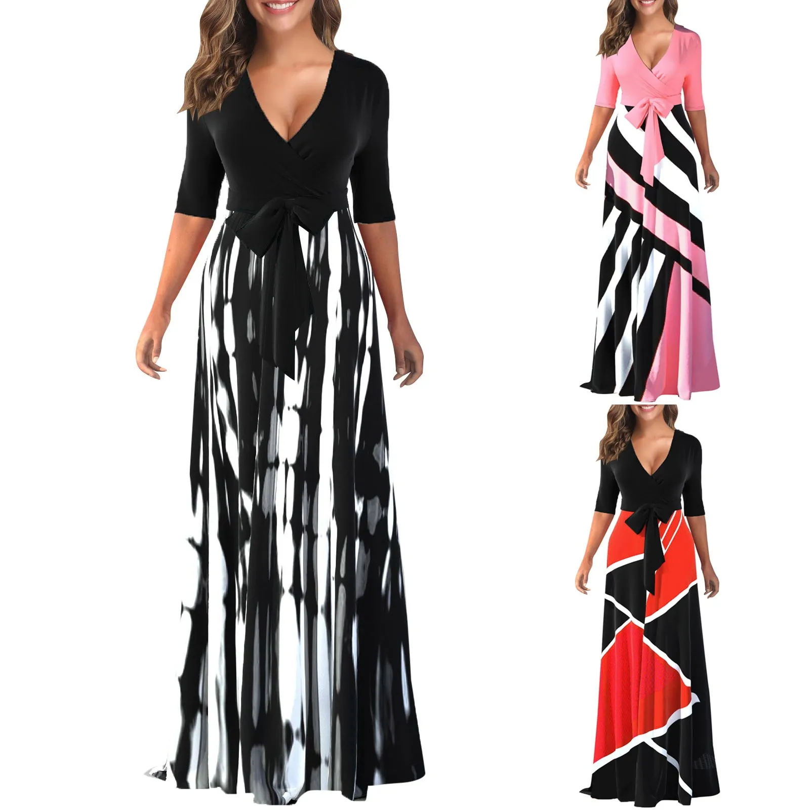 Robe Maxi en Patchwork pour femmes, Sexy, longue, col en V, demi