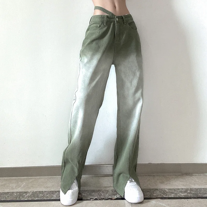Women 2024 European and American Fashion Personality Asymmetrical Belt Tie-dye Gradient Color Straight Casual Denim Trousers