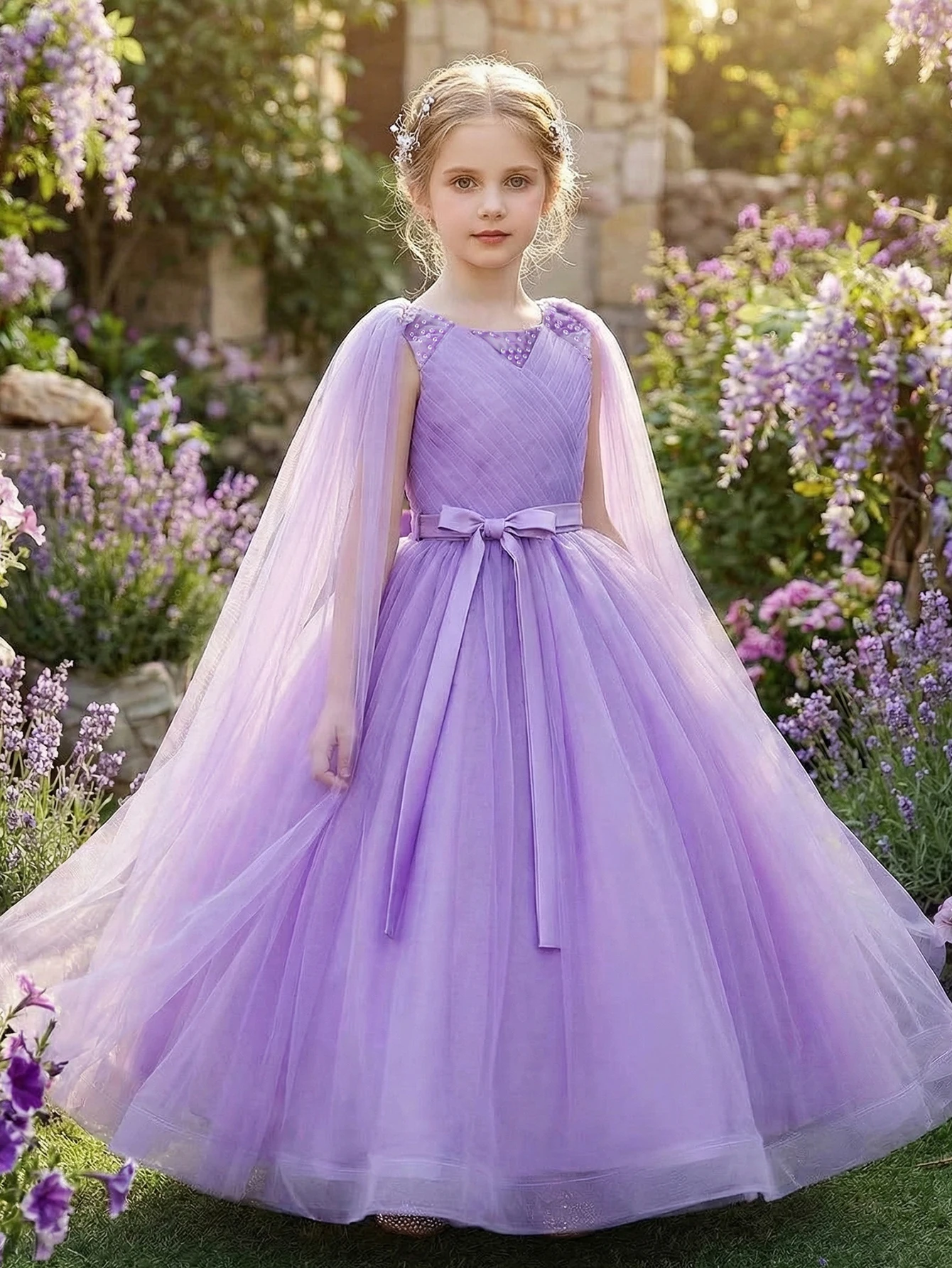 Elegant Purple Tween Girl's Formal Gown with Flowing Veil and Bow Decoration