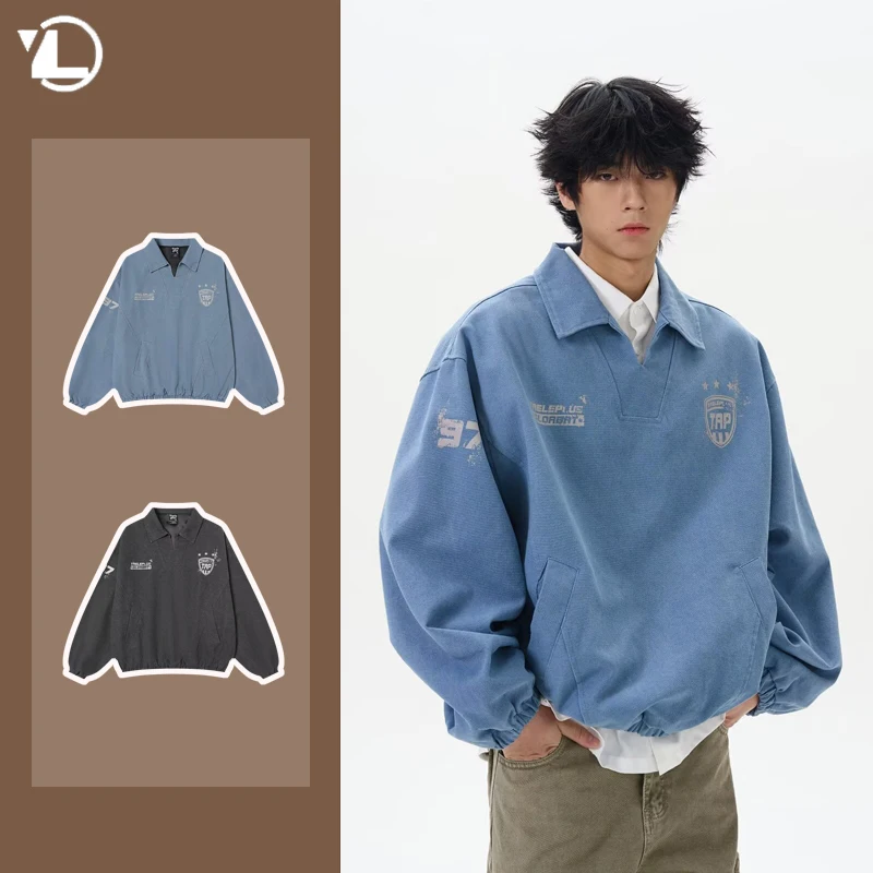 Spring Trendy Mens Tops Letter Printing College Unisex Sweatshirt Street Fashion Loose Washed Lapel Male Pullover New