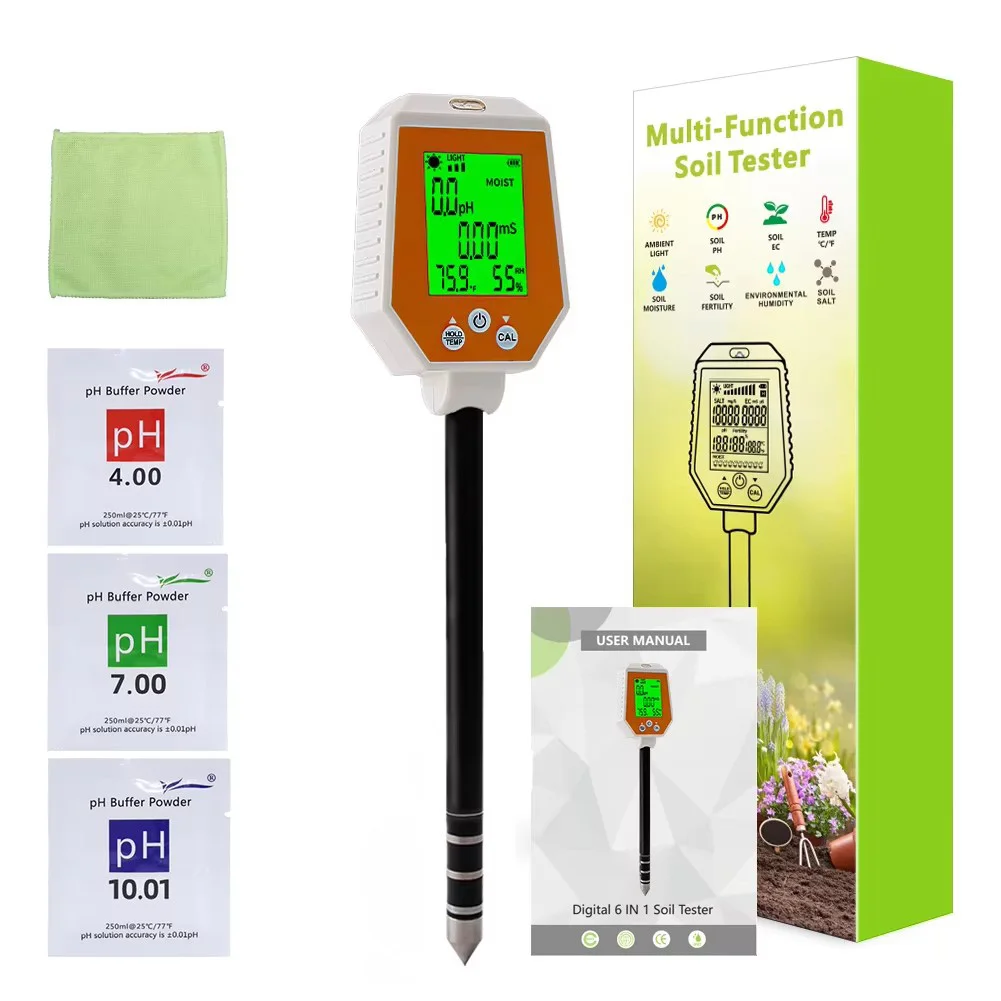 Soil Meter Digital pH Moisture Fertility Light Temp Humidity Analyzer for Garden