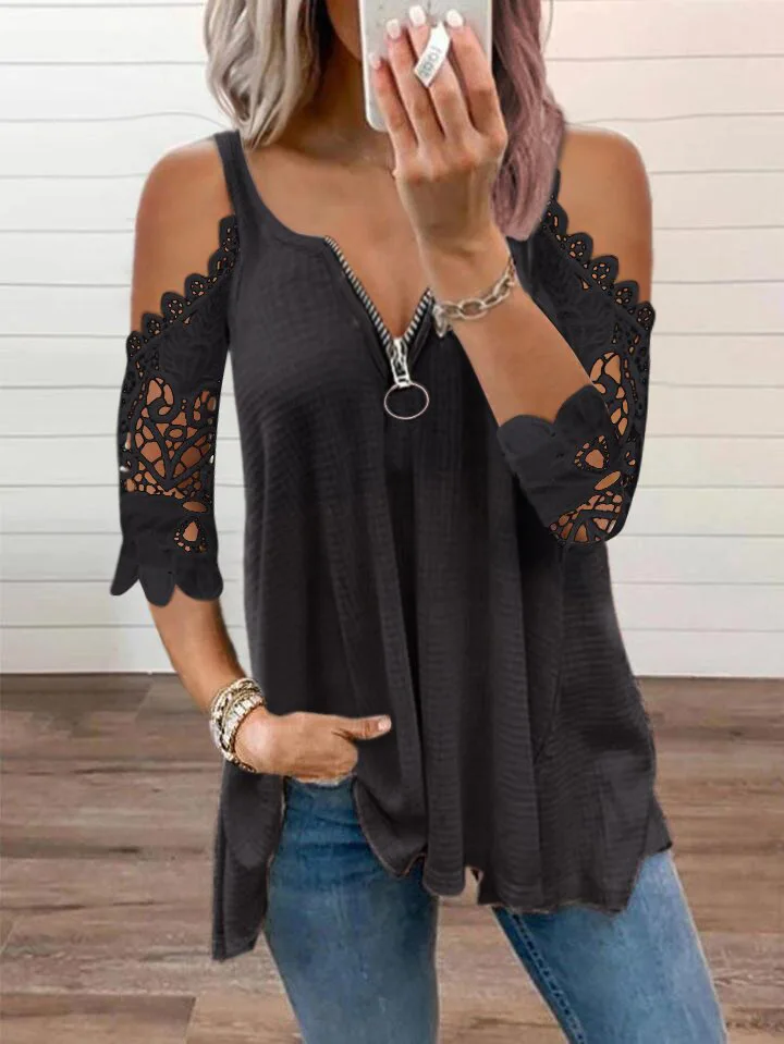 Summer New Fashion Solid Color Casual Top Women's Sexy Low-Cut V-Neck Zipper Stitching Lace Mid-Sleeve Plus Size T-Shirt Women cool t shirts