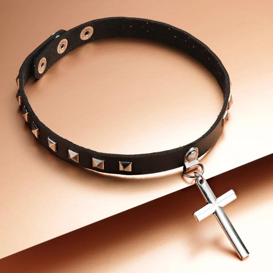 Cross Pendant Necklaces Statement Gothic PU Leather Choker