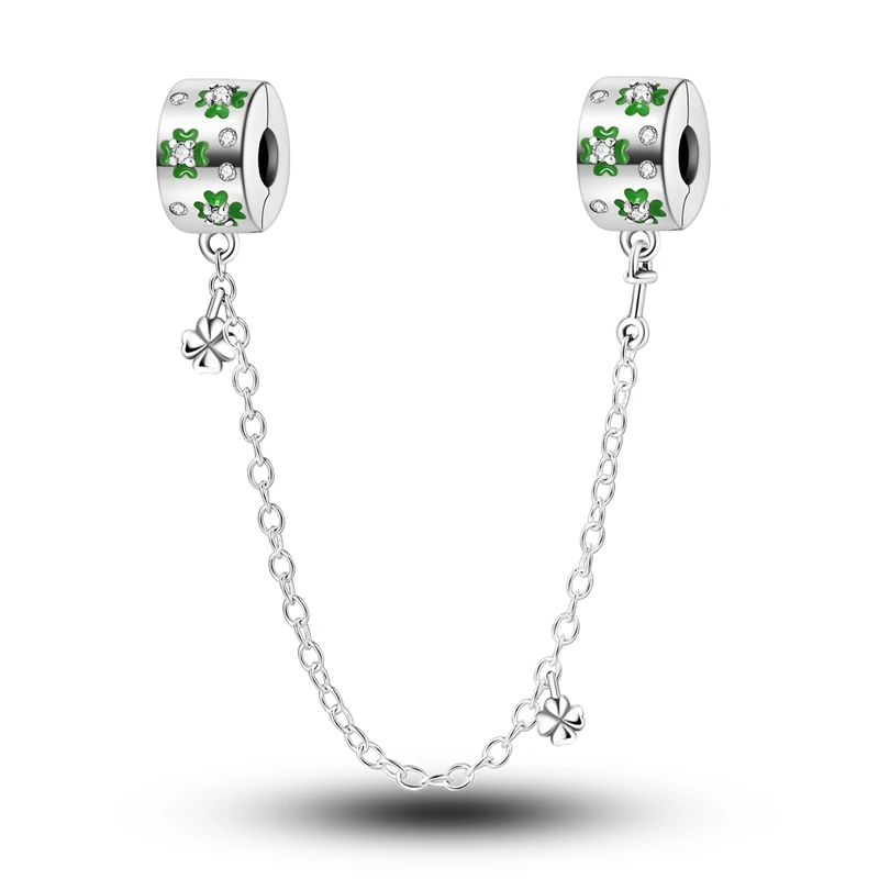 

Creative 925 Sterling Silver Green Clover Good Luck Chain Fixed Clip Safety Chain Fit Pandora Bracelet Women's DIY Accessories