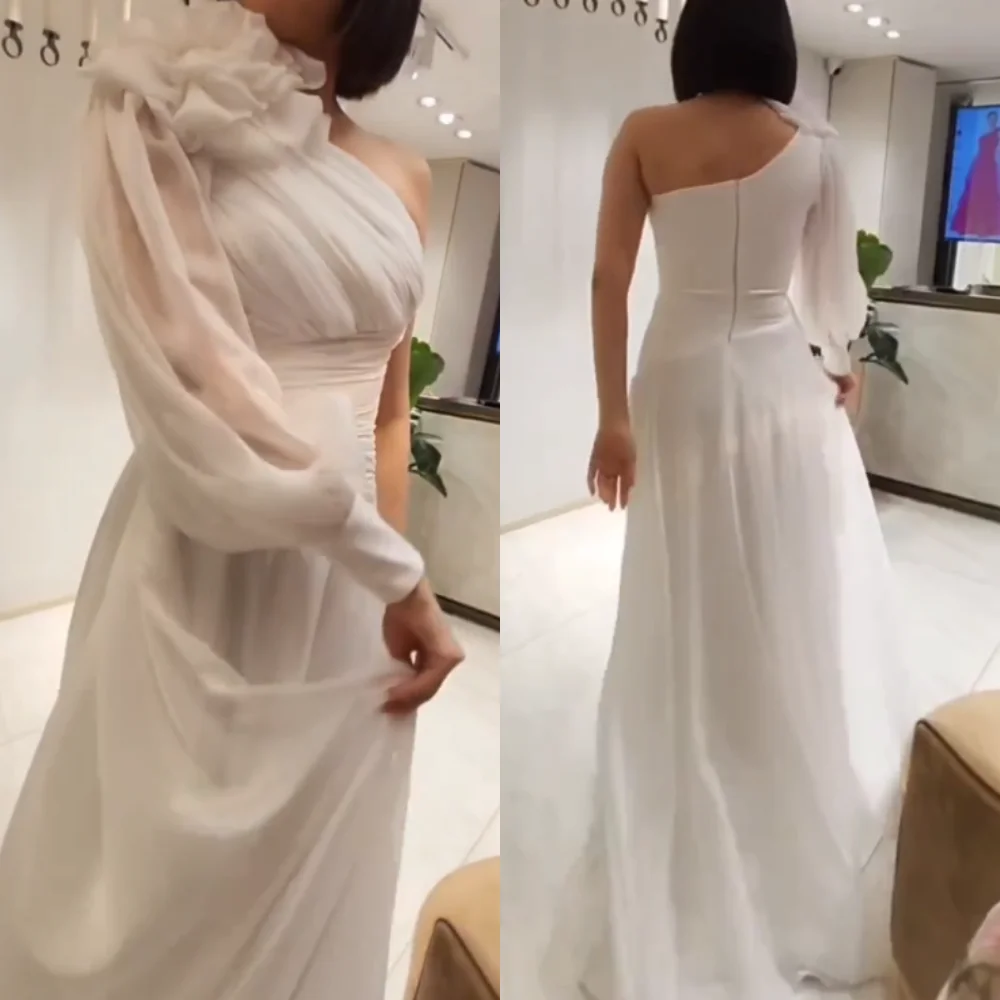 

Elegant High Quality Asymmetrical One-Shoulder A-line Prom Dresses HandmadeFlower Organza Evening robes bal de promo