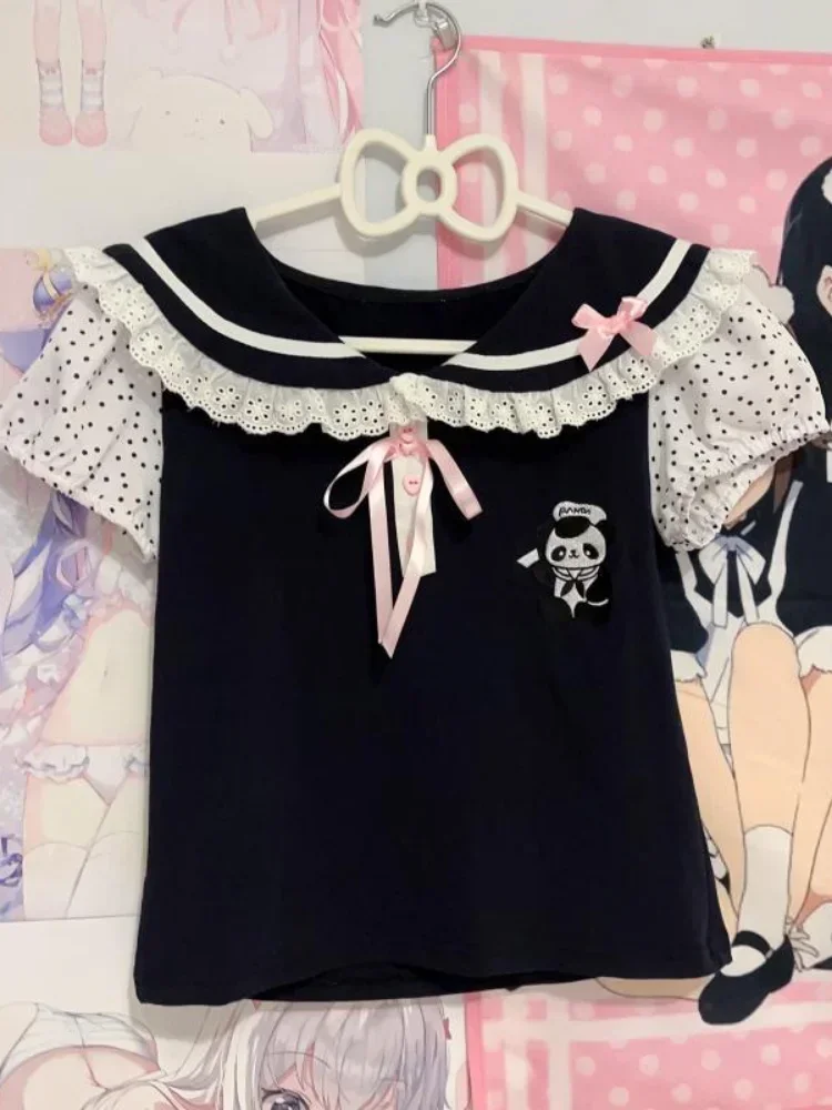 Japanese Y2k Lace T-shirt Women Kawaii Cartoon Embroidery Graphic T Shirts Harajuku Fashion Casual Bow Tops Cute Tees Camisetas 5