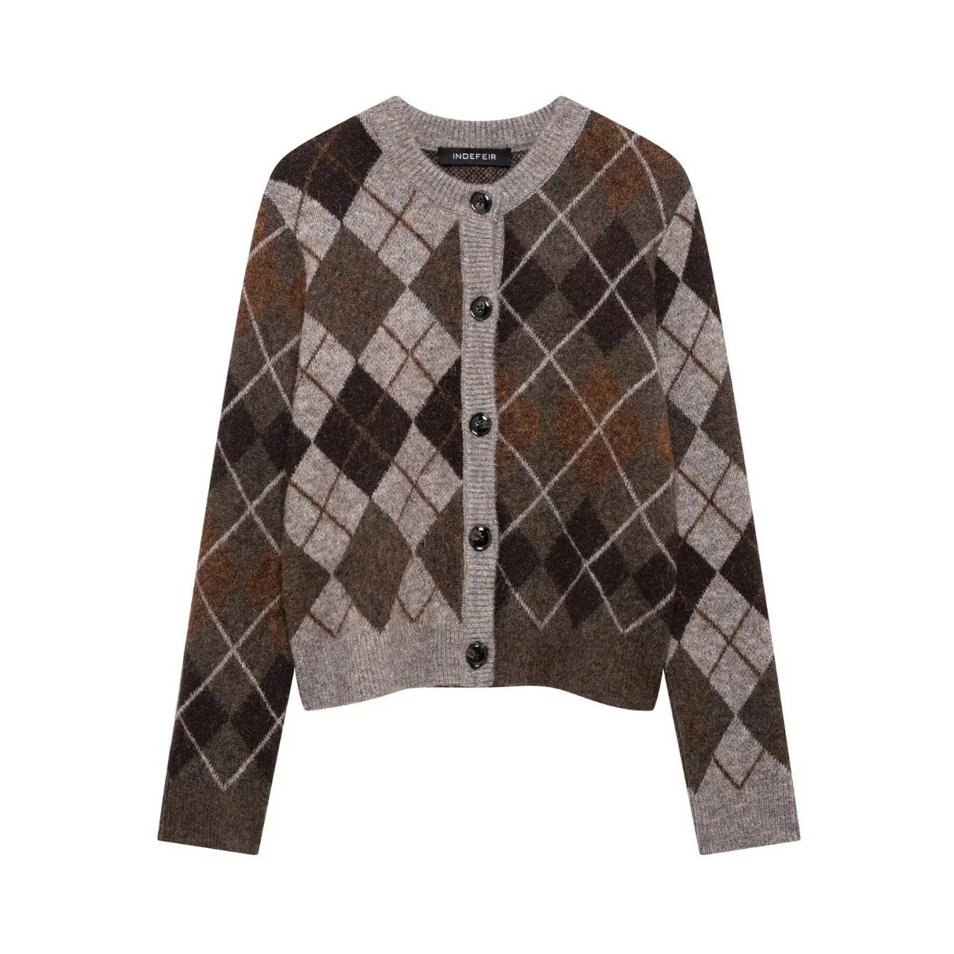 Women British Vintage Casual Argyle Knitted Cardigan Female O-Neck Long Sleeved Sweater Coat Commute High Street Knitted Top