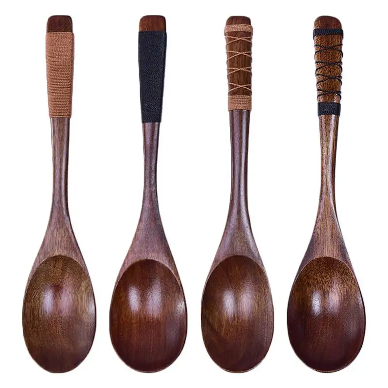 

4PCS Japanese Style Wooden Spoon Set Kitchen Accessories Long Flat Handle Soup Scoop Tableware Supplies Serving Spoon Ladle