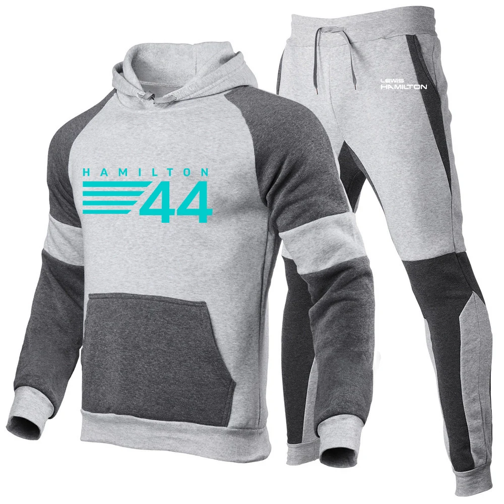 F1 driver lewis hamilton number 44 printing new splicing hoodie+sweatpants two-piece men's sportswear pants suit sportswear suit