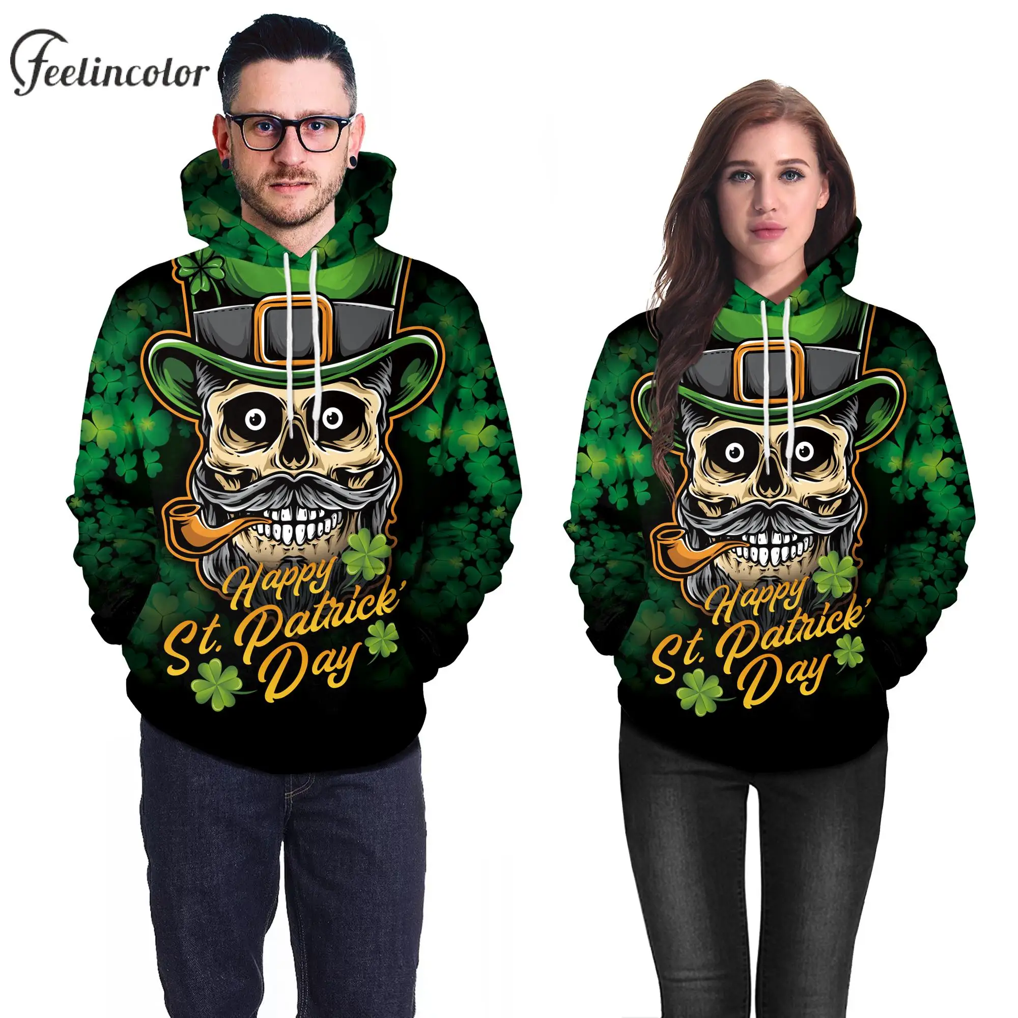 

St. Patrick Day Hoodies Men Sweatshirts Pullover Hooded Tracksuit Skull Graphic Sweatshirts Halloween Streetwear Male Clothes