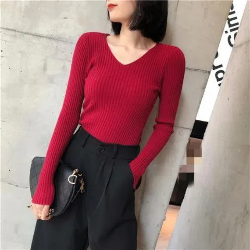 V-Neck Long Sleeved Slim Fit Base Sweater For Women Autumn And Winter Style Stylish Versatile Top Multi-Color Knitted Sweater 2