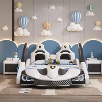 Lit double moderne pour enfants de 1,5 m, lit enfant garçon en forme de voiture de sport, cadre en bois massif créatif avec revêtement en cuir, lit simple pour bébé 2