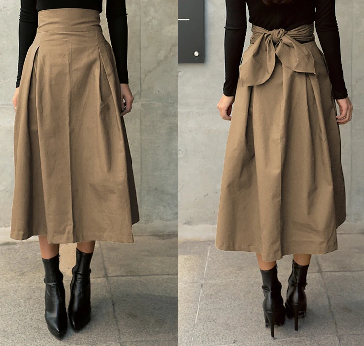 black pleated skirt shintimes Skirts Womens Korean Fashion Solid Color Big Swing Ladies Skirt Long Skirt 2021 Autumn Wild High Waist Bow Slim Skirts cute skirts