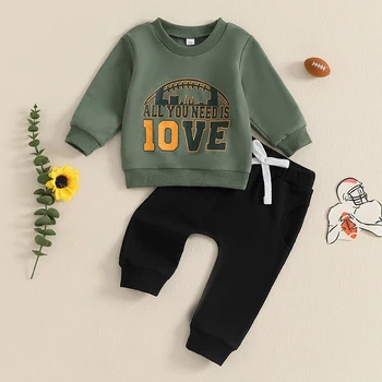 Toddler Unisex Autumn Clothes Set Long Sleeve Round Neck Letter Print Top with Bow Tie Solid Color Trousers for Baby Girl Boy 1
