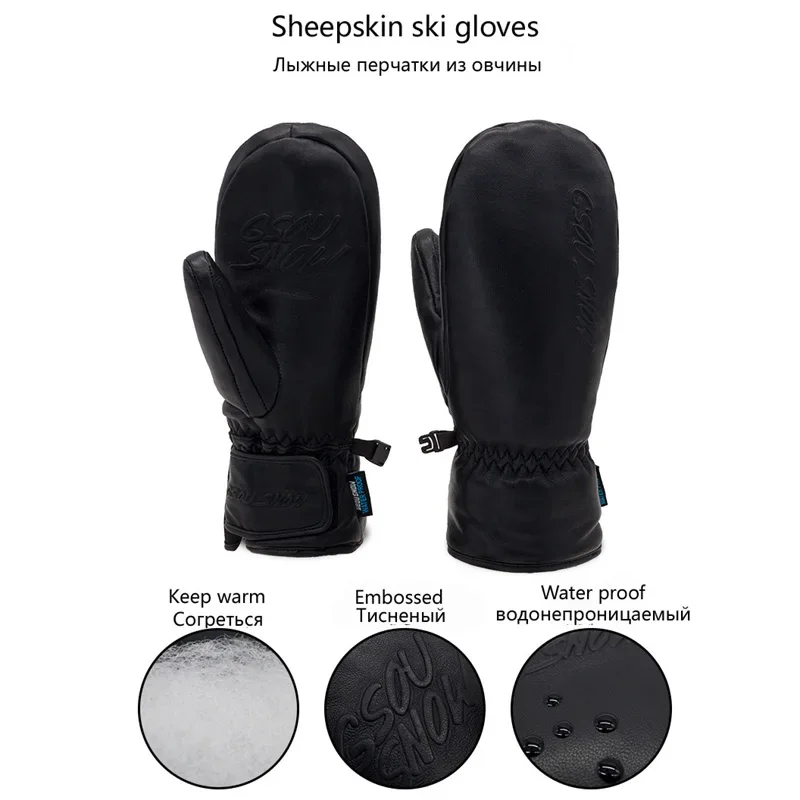 Sheepskin Men Women Ski Gloves Winter Warm Breathable Waterproof Skiing Snowboarding Mittens Palm and Five Finger 4