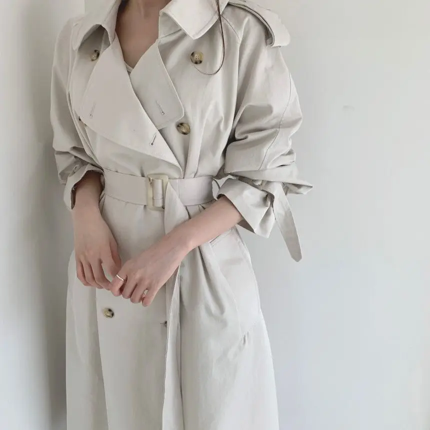 Women Long Trench Coat New Spring Autumn Casual Lapel Double Breasted with Belt Loose Coat Office Lady Korean Fashion Outerwear