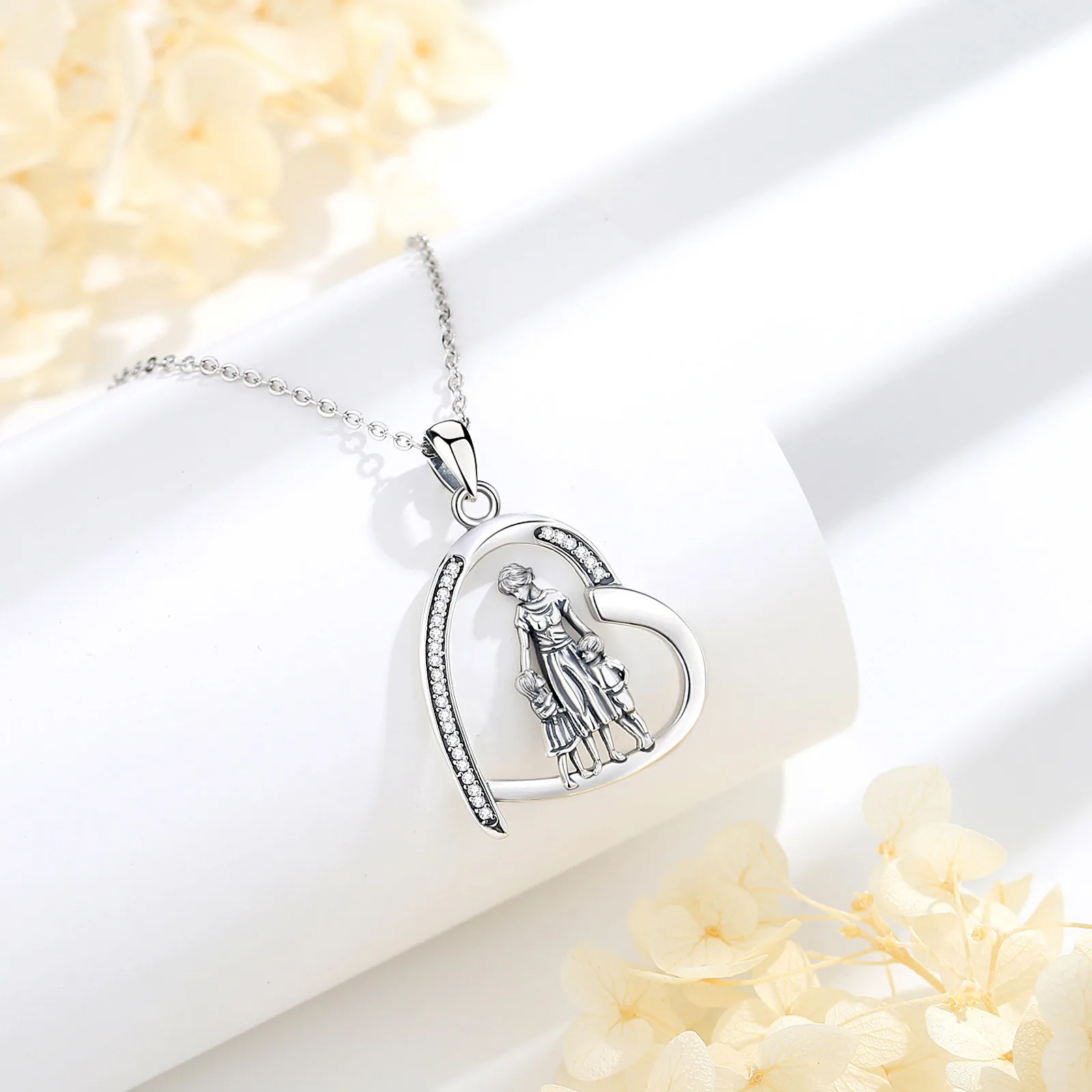 Eudora Original 925 Sterling Silver Mother Kids Necklace Heart Zircon Mom Boy Girl Pendant Vintage Jewelry Mother's Day Gift
