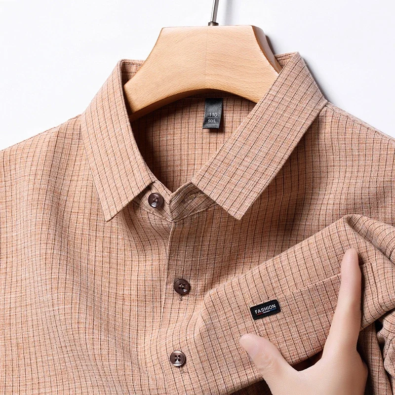 2024 Men's Business Casual Plaid Cotton Linen Short Sleeved Shirt Comfortable Cotton Top 2
