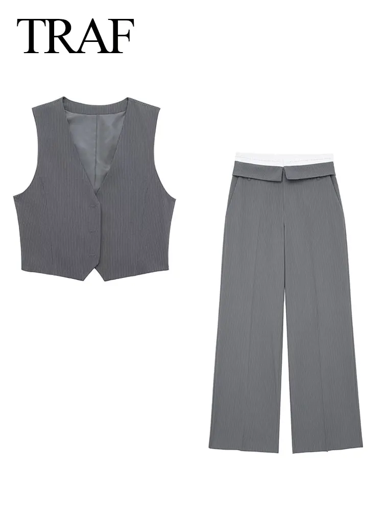 

TRAF 2024 Summer Women Fashion 2 Piec Sets V Neck Sheath Cropped Vest + Vintage Chic Elegant Female Straight Wide Leg Pant