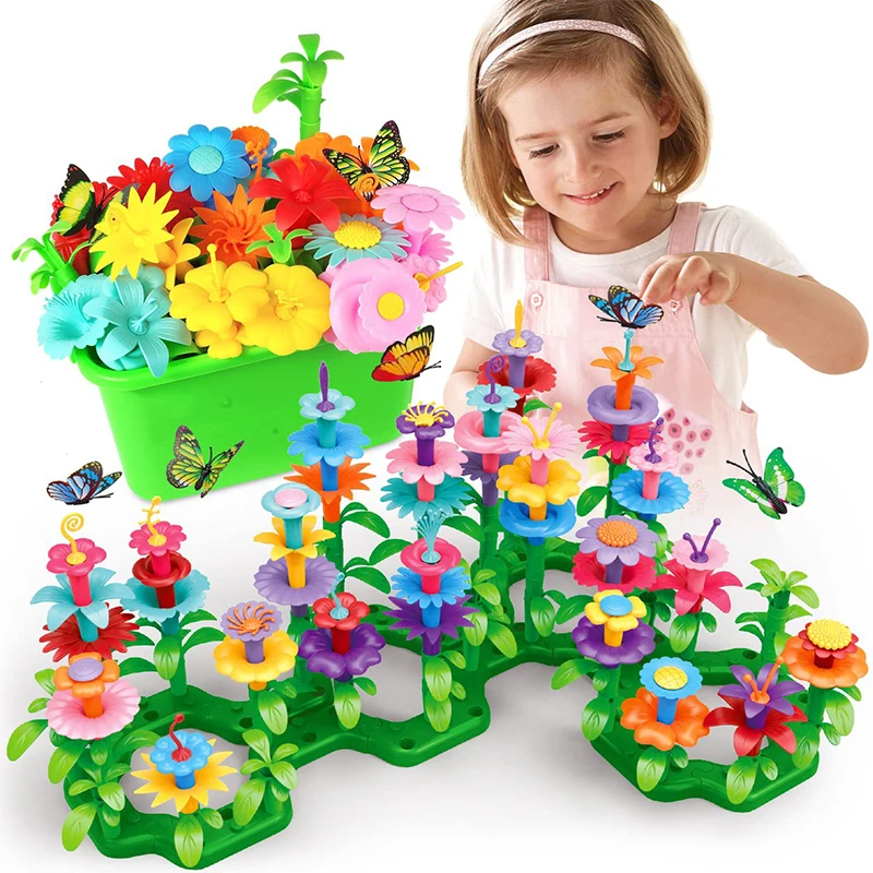 76/148/222pcs Creative Dream Garden Series Flowers Interconnecting Blocks Building Educational Handwork Toys For Kids Girls DIY