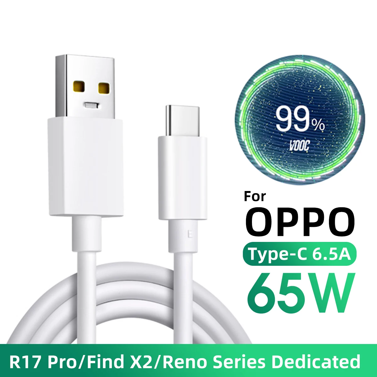 

65W Type C Cable Super Fast Charging 6.5A for OPPO R17 Reno4 Ace2 Find X2 Pro Reno 6 Pro 5G 5 4 3 F19 Realme Oneplus Data Cord