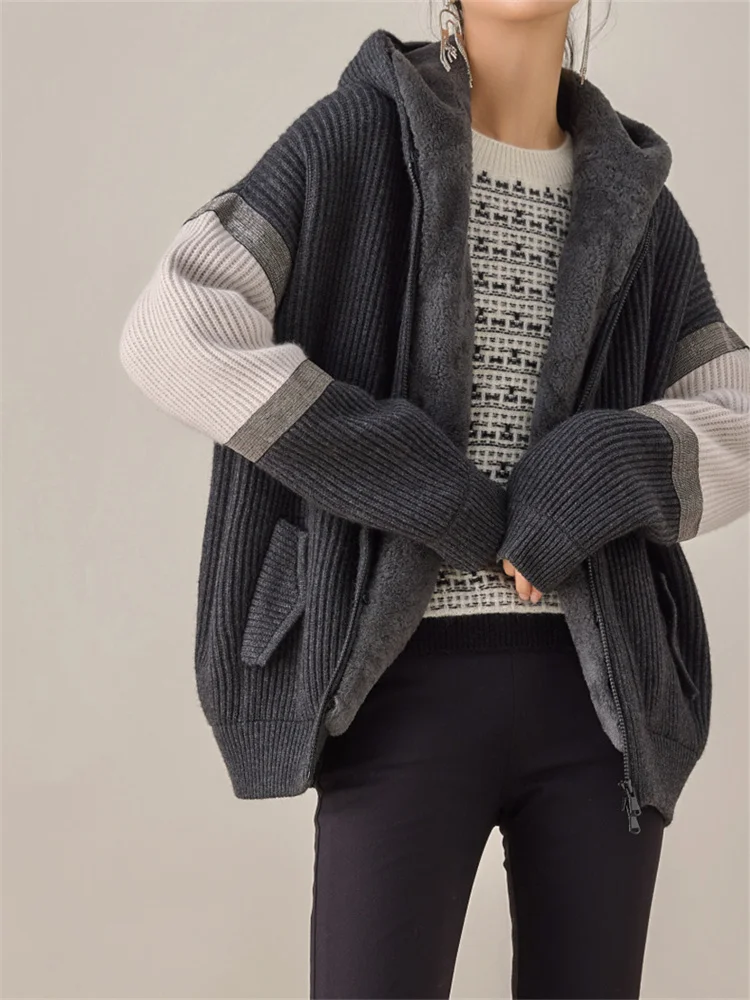 

Women's Handmade Bead Chain Detachable Lamb Patchwork Jacket Autumn Winter 2023 New Lady Zipper Fly Long Sleeve Hooded Pullover