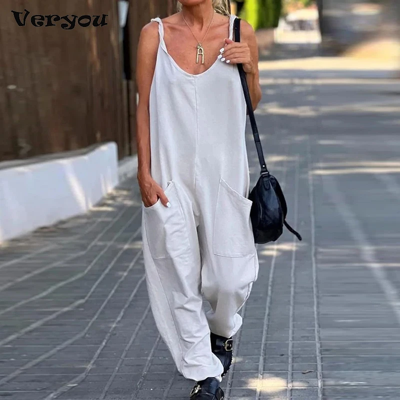 

Женский Длинный комбинезон без рукавов, элегантный свободный однотонный комбинезон с карманами и широкими штанинами, лето 2023