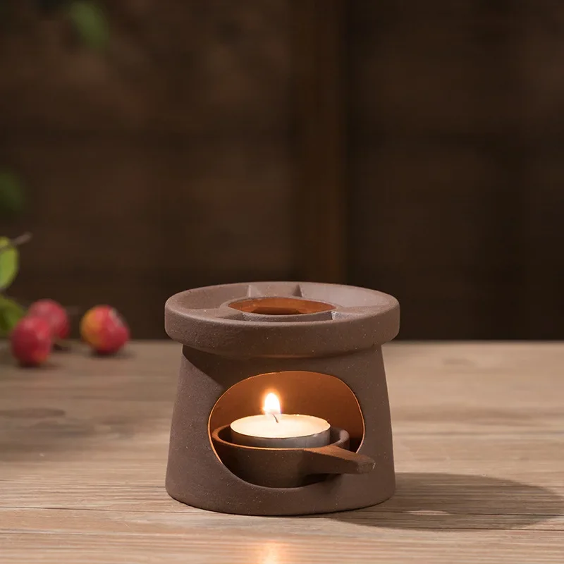 Japanese Style Ceramic Tea Warmer Set - Candle Heated Sand Pot Aroma Diffuser & Gongfu Tea Accessories with Essential Oil Burner
