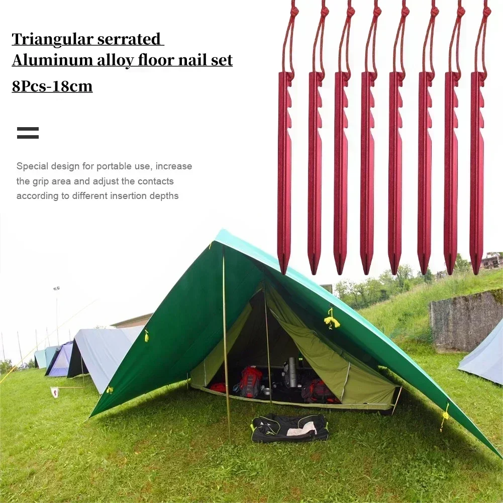 

8Pcs/set 18cm Aluminum Alloy Yard Canopy Tent Pegs Garden Stakes Ground Nail Heavy Duty with Reflective Cord Hammock Camping