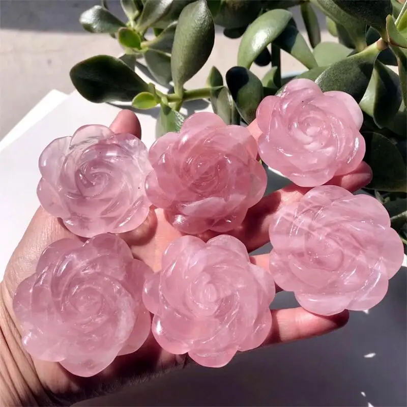 Beautiful Pink Rose Natural Rose Quartz Flower Hand Carved Crystal Flowers Healing Stones Decor Gifts  1pcs