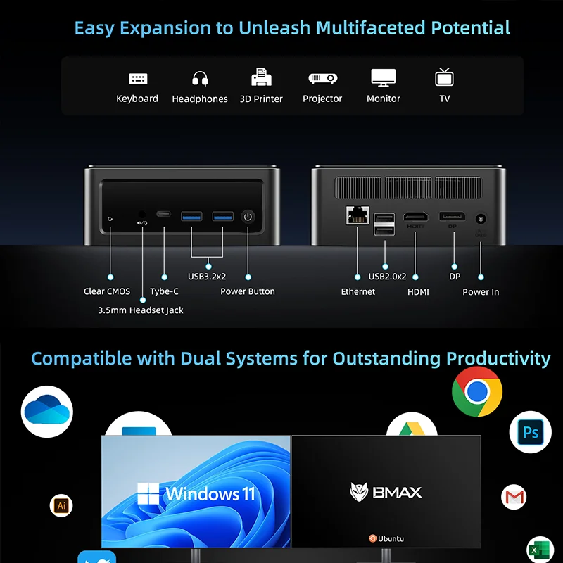 Bmax B9 Power Mini PC Intel Core I9-12900HK (hasta 5.0GHz, 14C/ 20T) 24GB LPDDR5/1TB NVMe SSD DP/Tipo-C/HDMI Triple-Display 4K/60Hz Mini Computadora De Escritorio WiFi6 BT5.2 Mini Computadora
