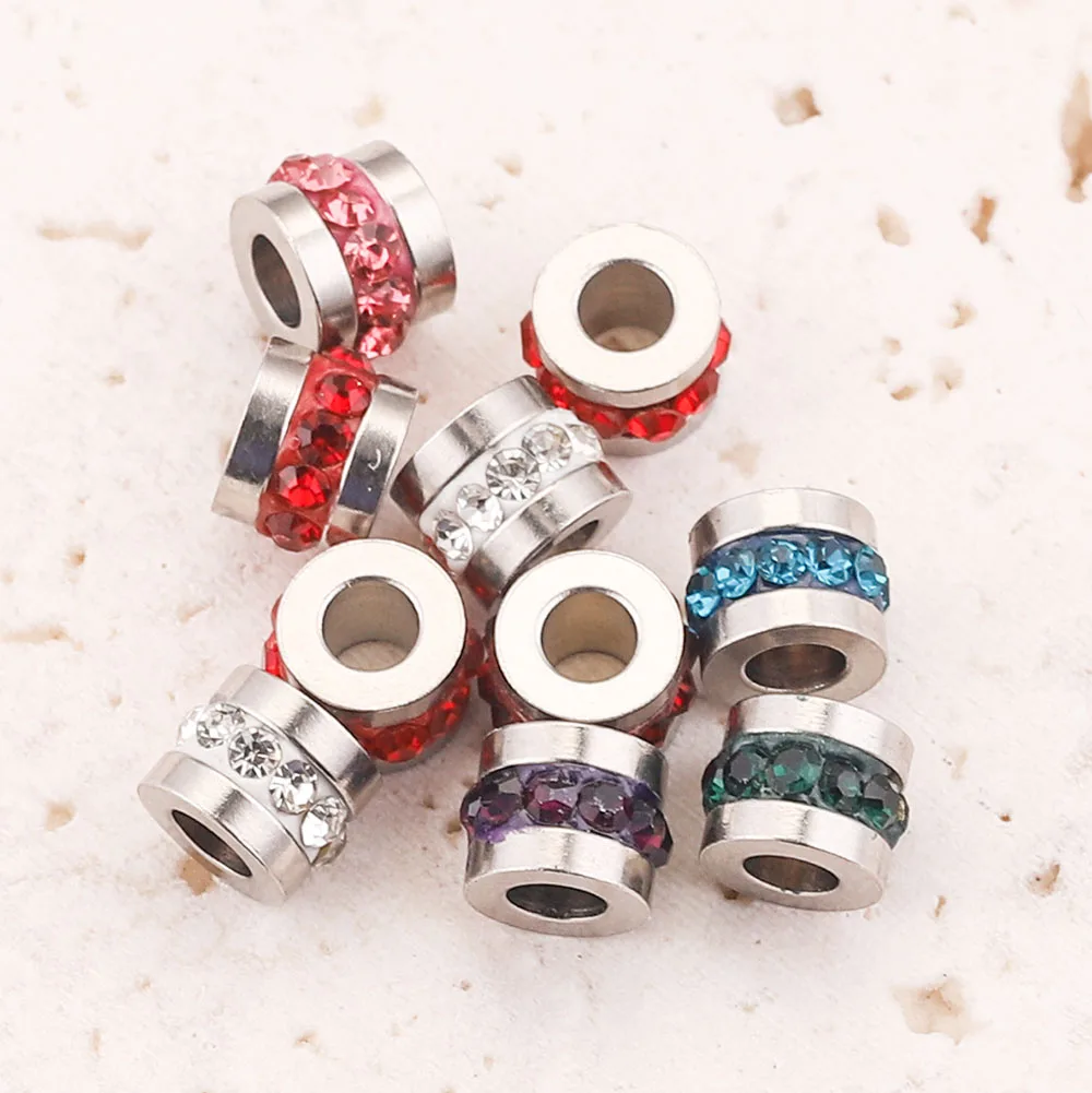 10pcs 6mm 구멍 3mm 지르콘 팔찌 비즈 스테인레스 스틸 매력 느슨한 스페이서 구슬 DIY 팔찌 쥬얼리 액세서리 만들기