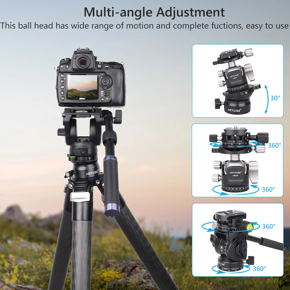 ARTCISE LH4 Leveling Base Tripod Head 360&deg;Panoramic with Arca Swiss Quick Release Plate Clamp for DSLR Camera Video Load 10kg