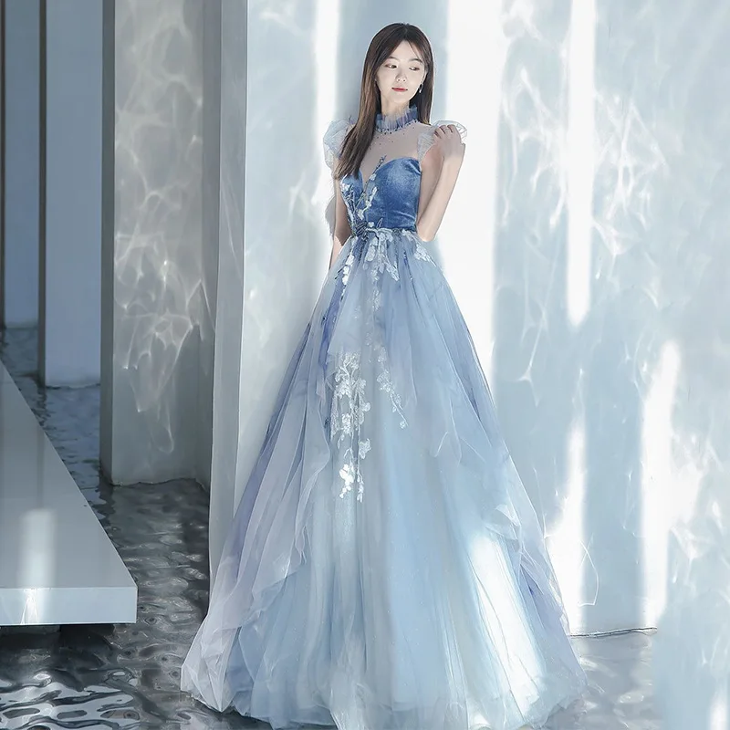 New Blue Evening Dress Elegant Flying Sleeves Floral Lace Prom Gown Noble Appliques Beading Long Sukienka Wieczorowa Customized