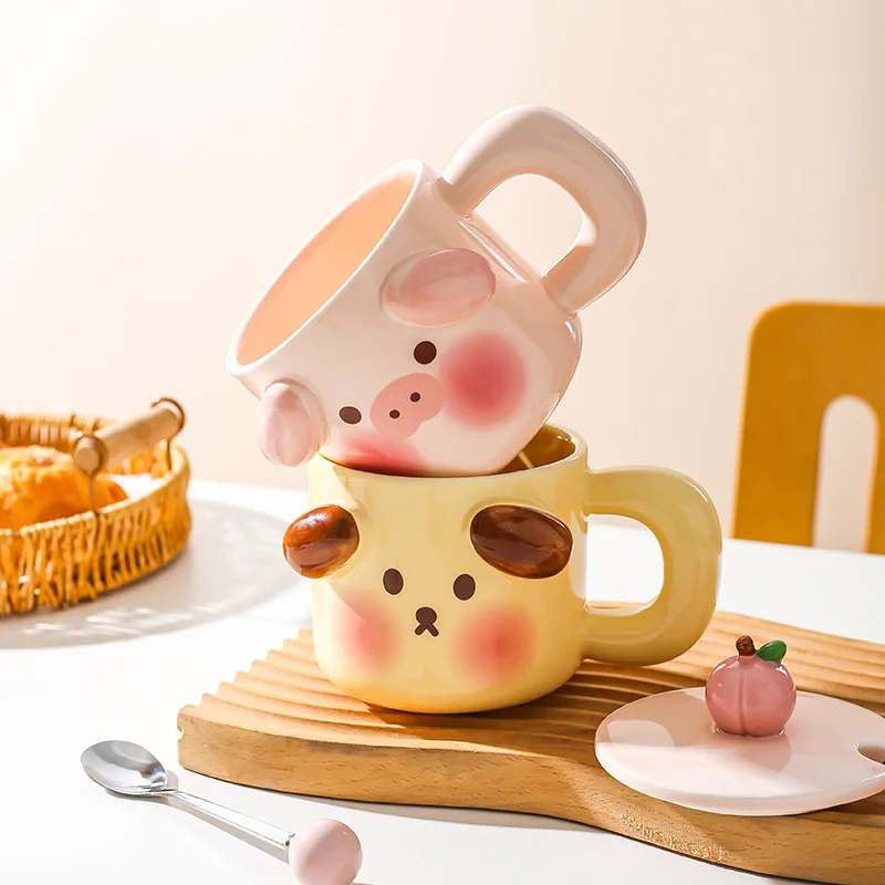 450ml Cartoon Pig Mug Coffee Cup Set with Spoon Ceramic Gift Home