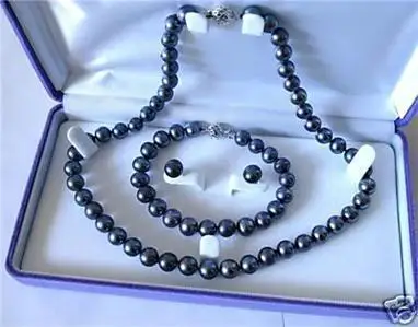 

New 7-8mm Black Akoya Cultured Pearl Necklace Bracelet Earring Set no box