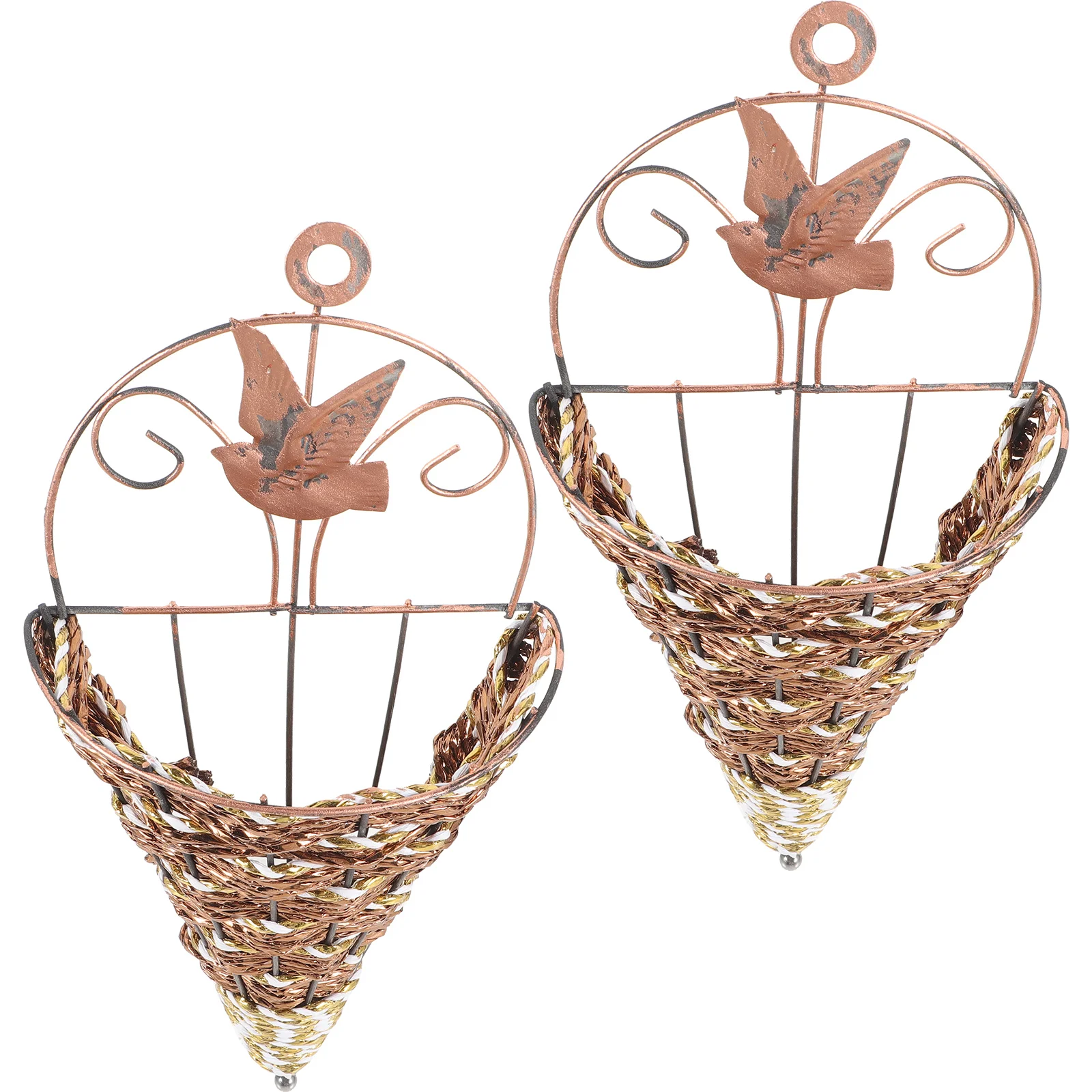 

2Pcs Cone Rattan Baskets Iron Wall Hanging Flower Basket Wall Fence Hanging Planter Retro Farmhouse Plant Cone Rattan