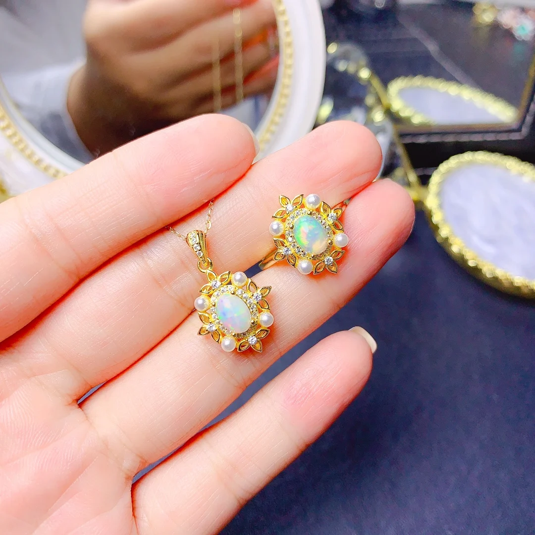 

Sterling Silver 925 Natural Opal Set Ring Necklace Fire Color Super Sparkle Free Shipping Ladies Jewelry Wholesale Elegant gift