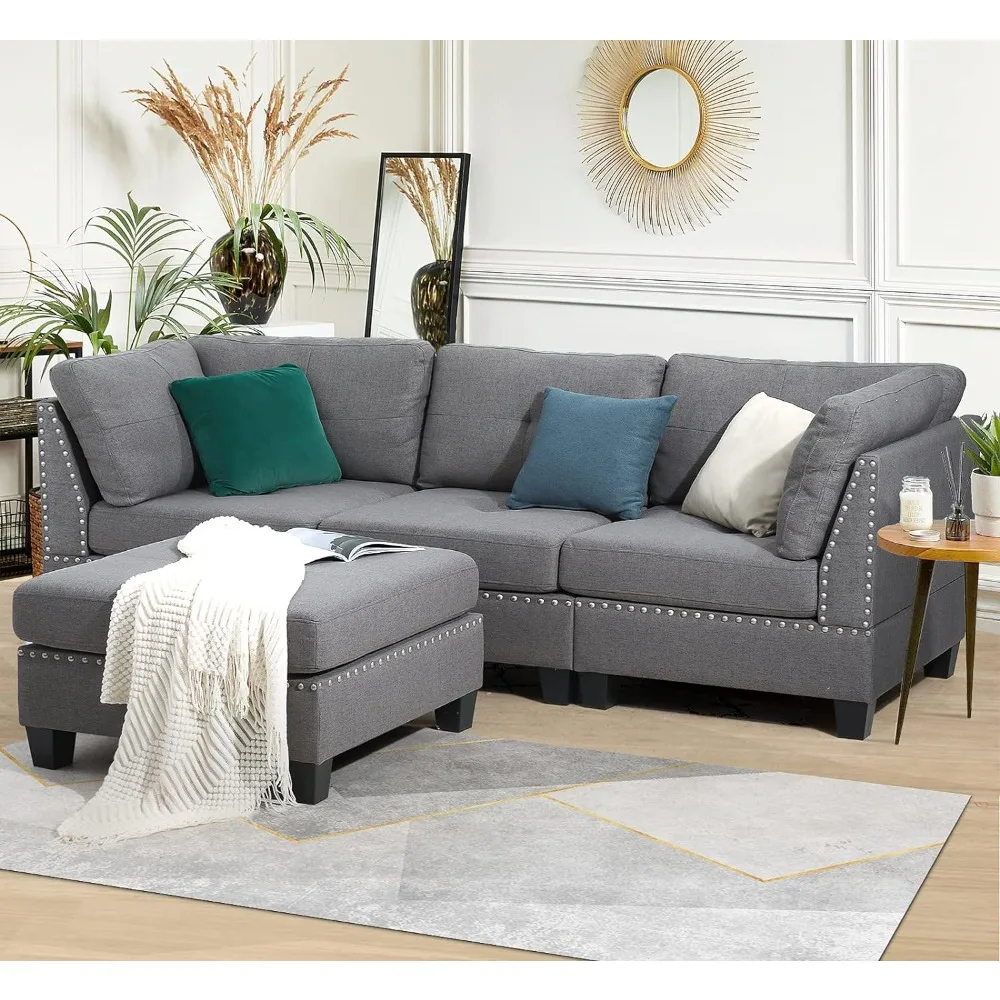 

88.6" convertible sectional sofa with ottoman, modern tufted linen fabric L-shaped sofa with reversible chaise longue, grey sofa
