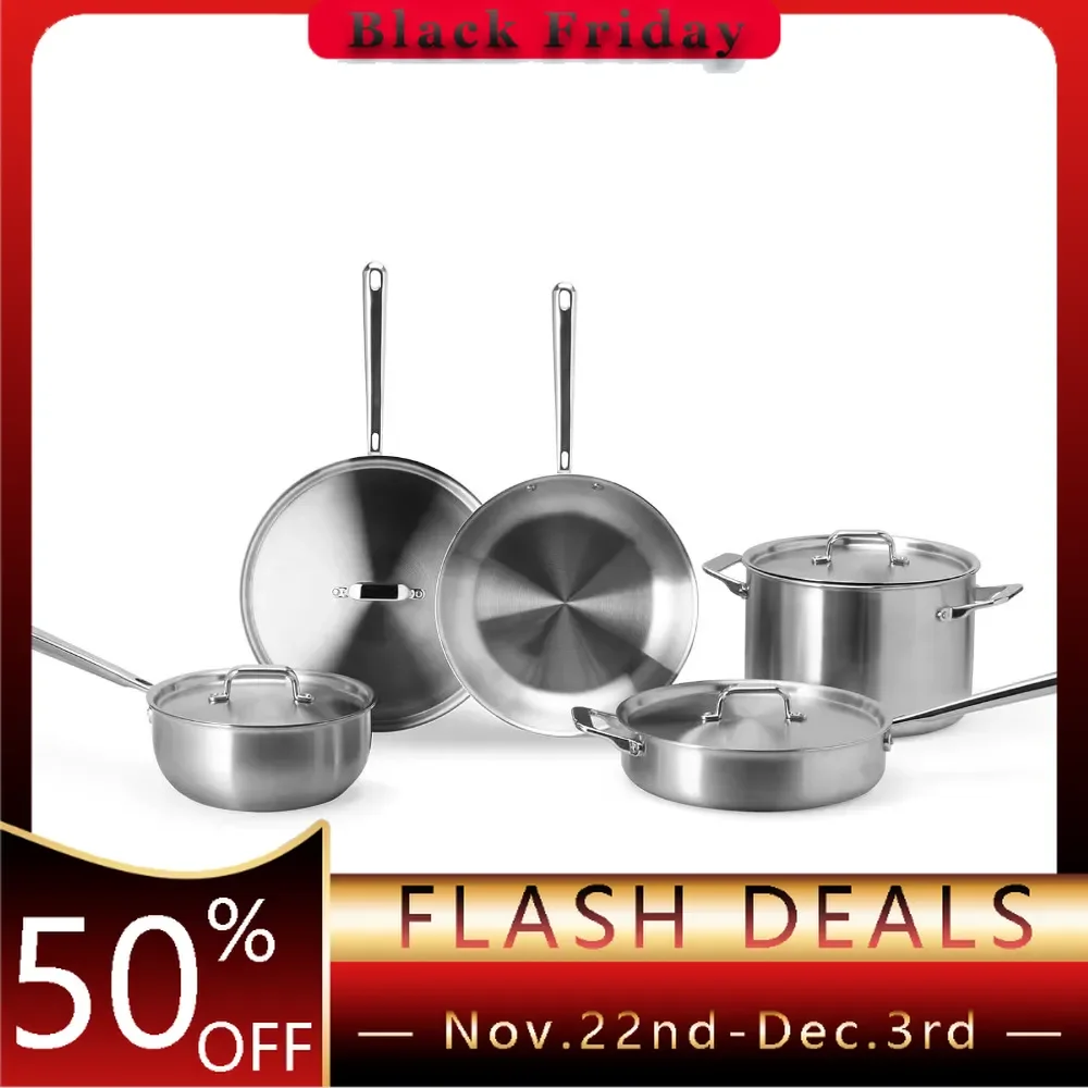 5-Ply Stainless Steel Cookware Set: 3 QT Stainless Steel Saucier with Lid,Saute Pan with Lid & 10" Frying Pan-Excellent Searing,
