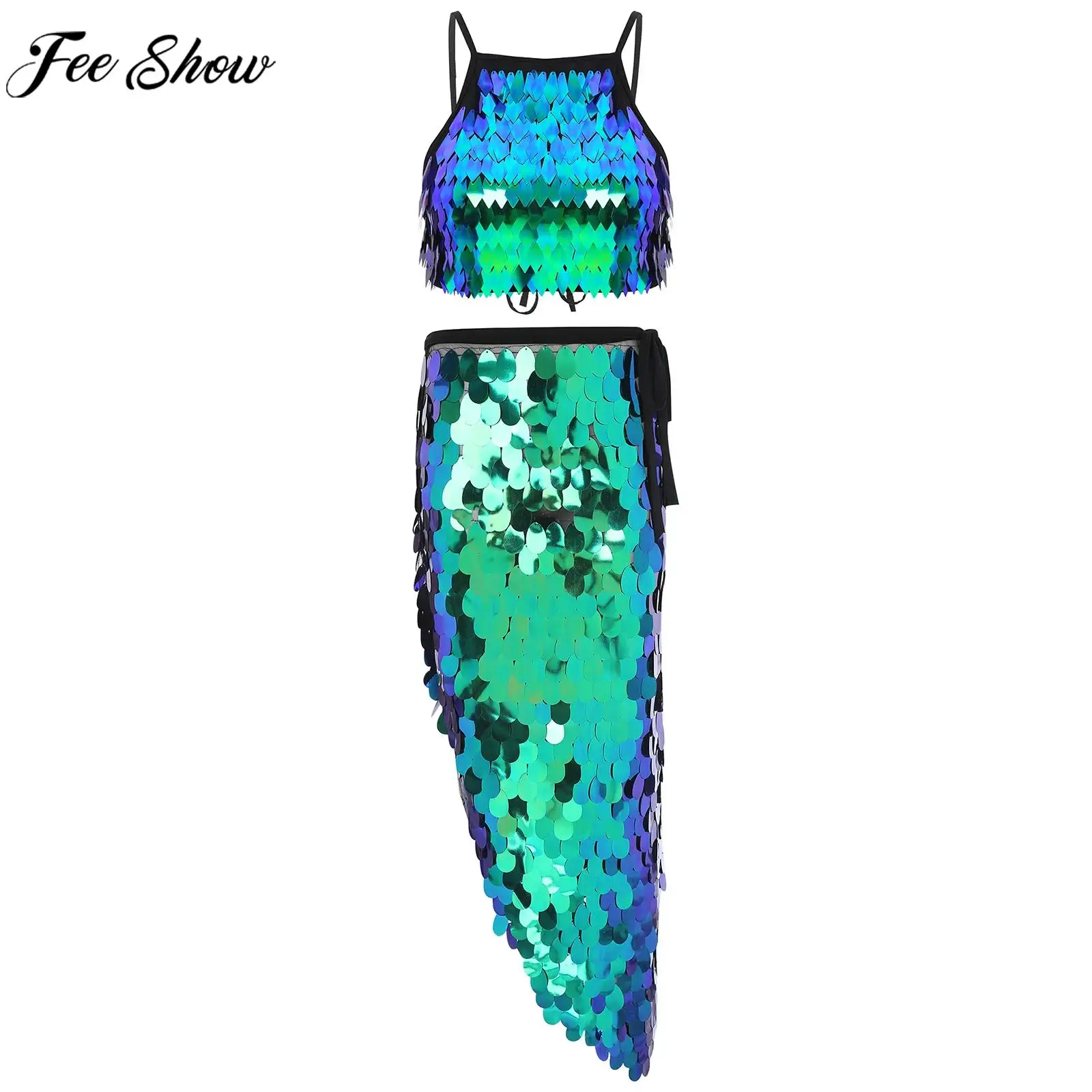 

Женский костюм для танца живота, блестящий кроп-топ с блестками и длинной юбкой, танцевальная одежда