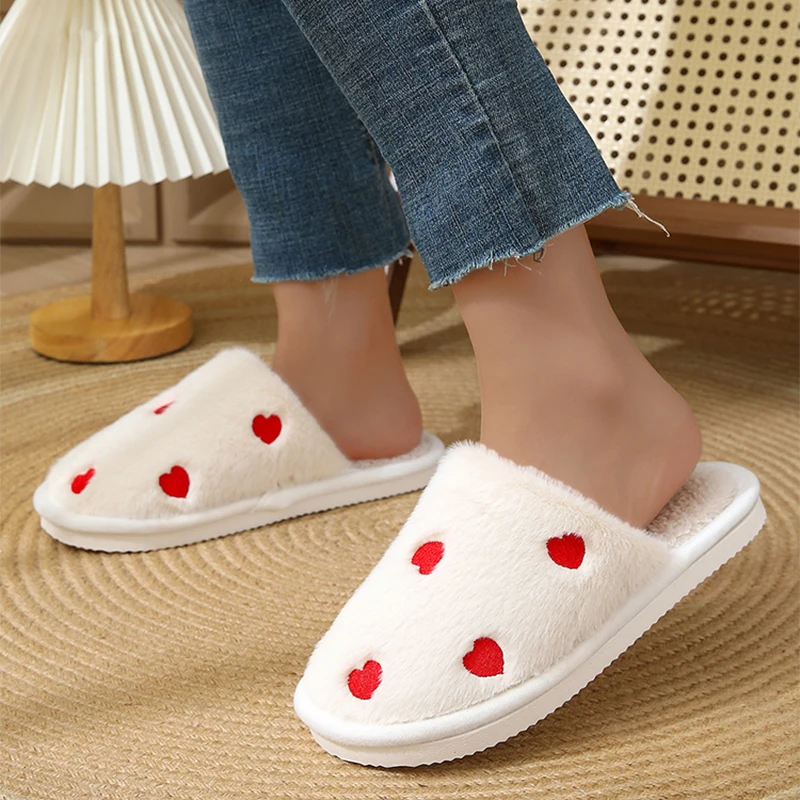 Heart Print Home Fur Slippers for Women Indoor Pink Fluffy Warm Cotton Slippers Woman Soft Bottom Bedroom Plush Slides Lady