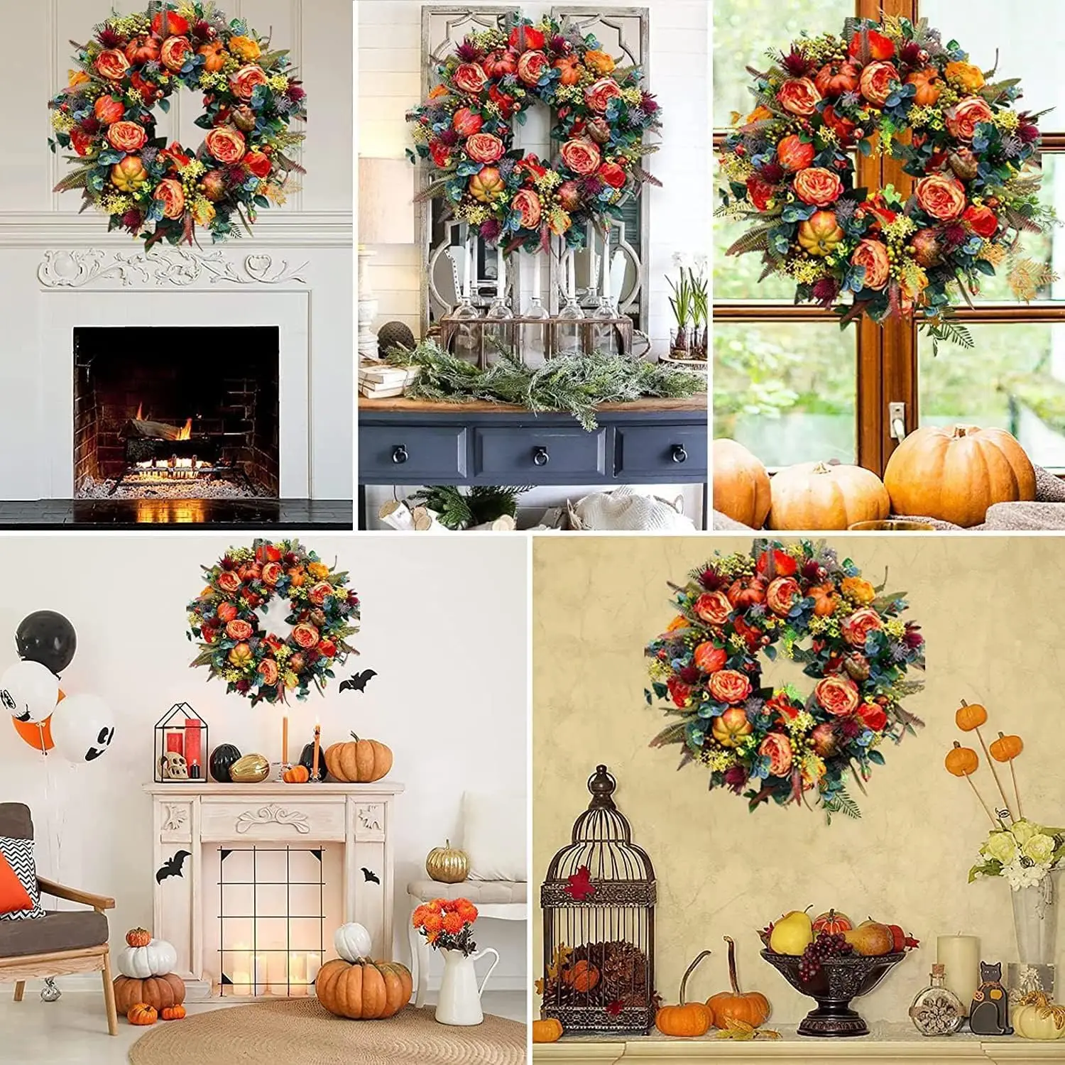 Fall Peony and Pumpkin Wreath - Autumn Year Round Wreaths for Front Door, Artificial Fall Wreath, Autumn Front Door Wreath Thanksgiving Wreath for