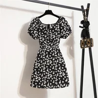 Women Mini Dresses Summer Fashion Female Vestidos Print Floral Chiffon Dresses Shirring Pleated Short Puffy Sleeve Casual Dress 2