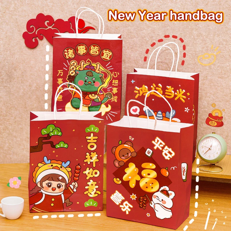 

2024 New Year Mini Handbag Creative Gift Tote Bag Dragon Year Cartoon Cute Paper Gift Packing Bag With Handle Festival Supplies